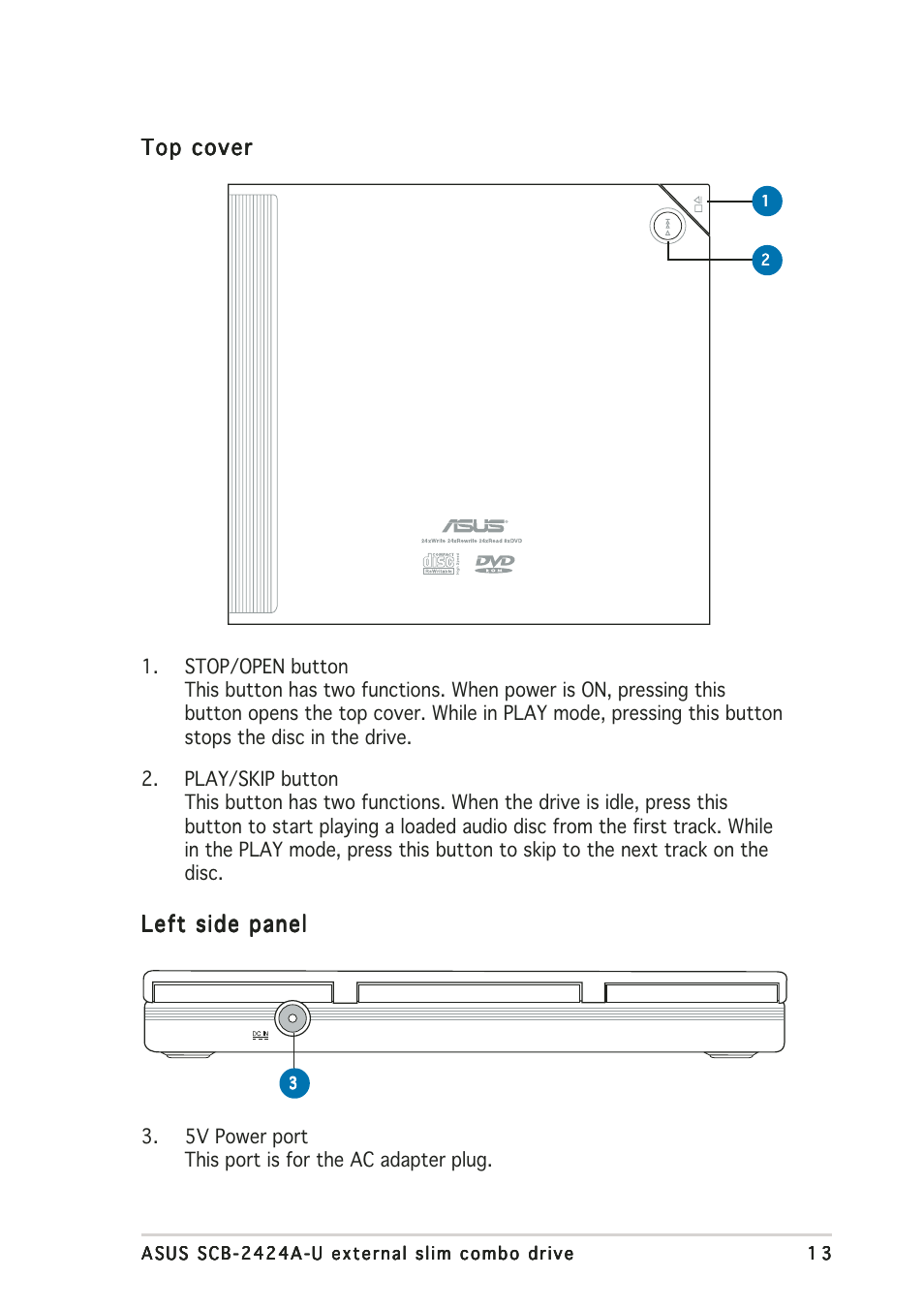 Top cover, Left side panel | Asus External Slim Combo Drive SCB-2424A-U User Manual | Page 13 / 28