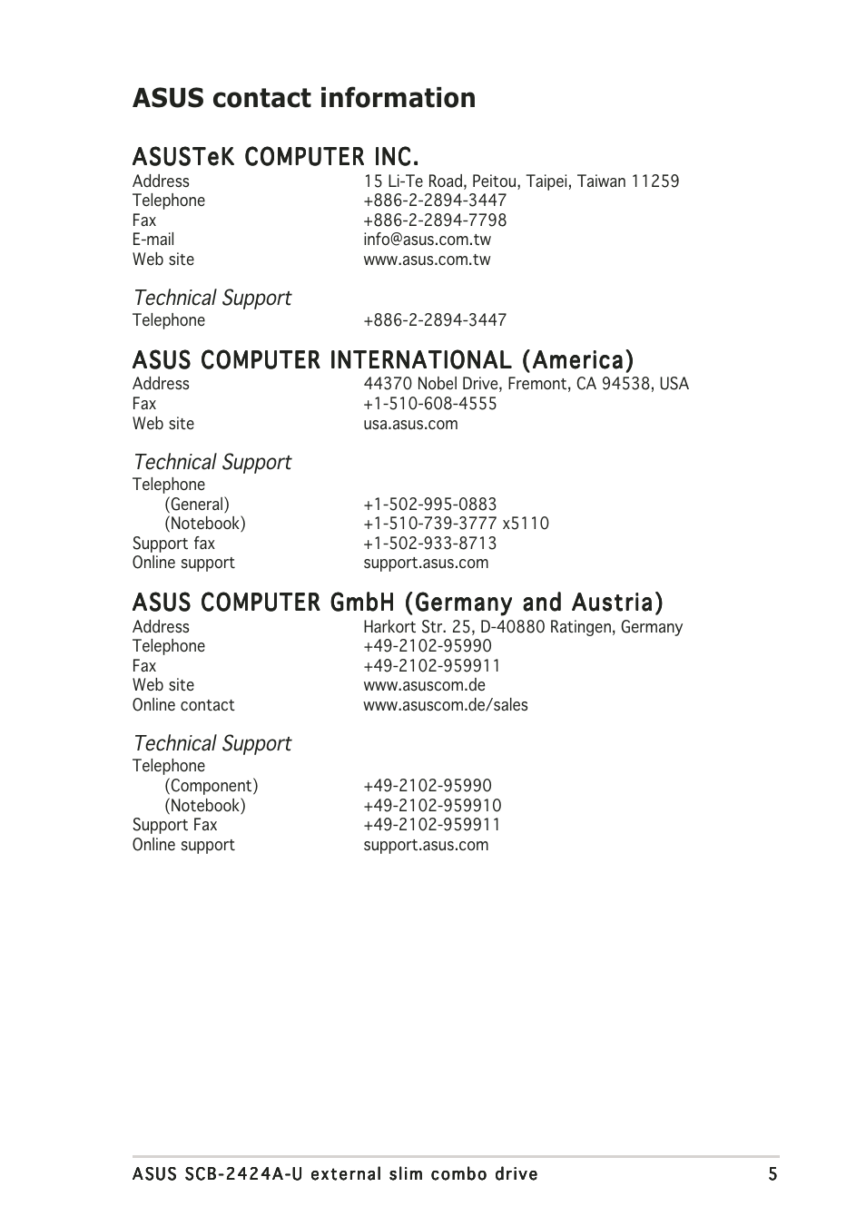 Asus contact information, Asustek computer inc, Asus computer international (america) | Asus computer gmbh (germany and austria) | Asus External Slim Combo Drive SCB-2424A-U User Manual | Page 5 / 28