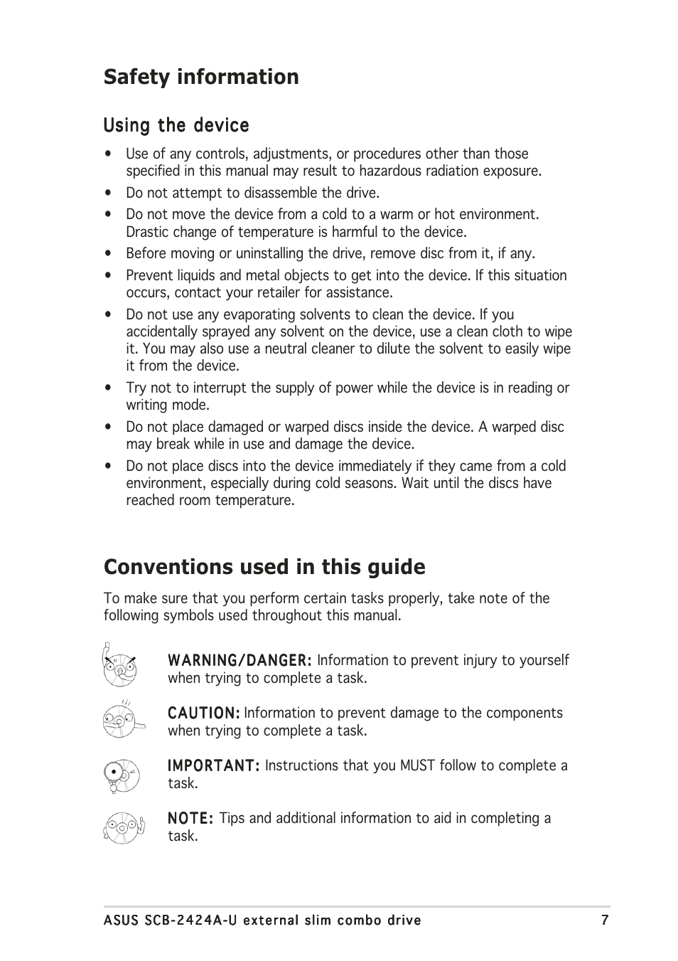 Safety information conventions used in this guide, Using the device | Asus External Slim Combo Drive SCB-2424A-U User Manual | Page 7 / 28