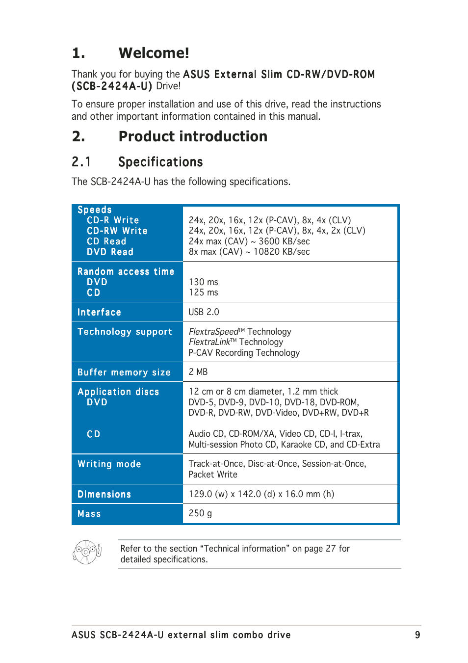 Welcome, Product introduction | Asus External Slim Combo Drive SCB-2424A-U User Manual | Page 9 / 28