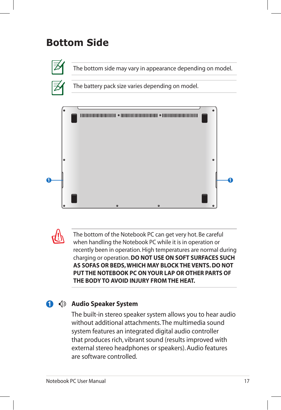 Bottom side | Asus E7165 User Manual | Page 17 / 98