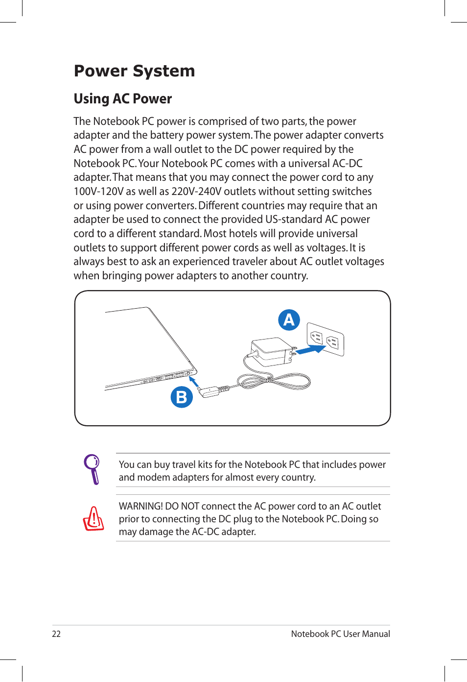 Power system, Using ac power | Asus E7165 User Manual | Page 22 / 98