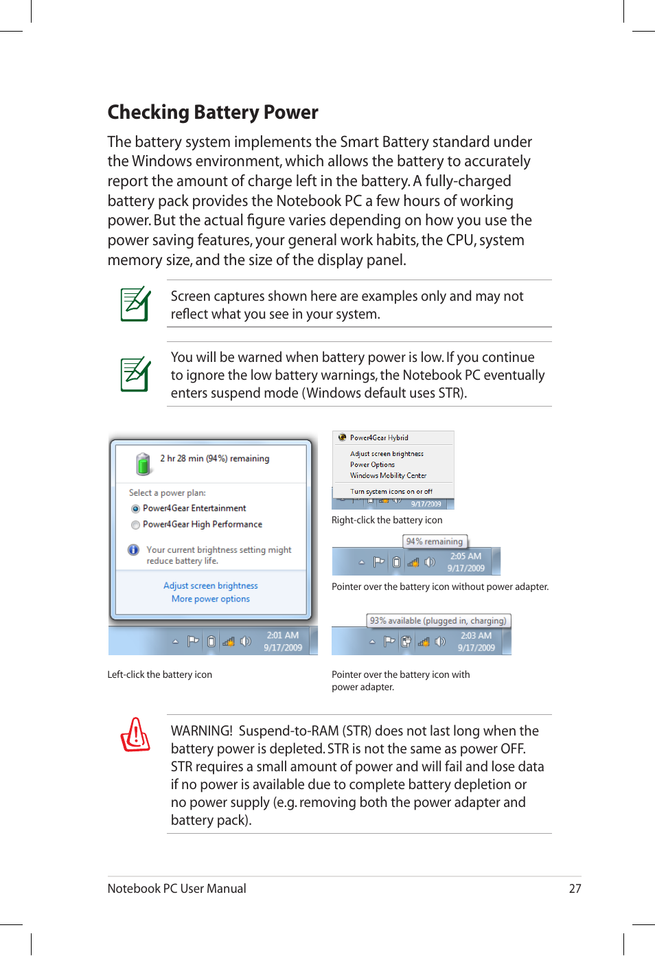 Checking battery power | Asus E7165 User Manual | Page 27 / 98