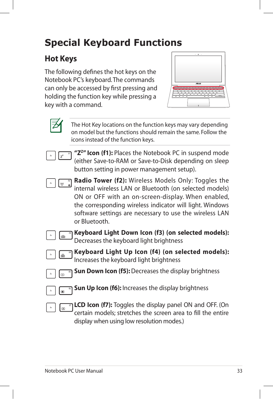 Special keyboard functions, Hot keys | Asus E7165 User Manual | Page 33 / 98