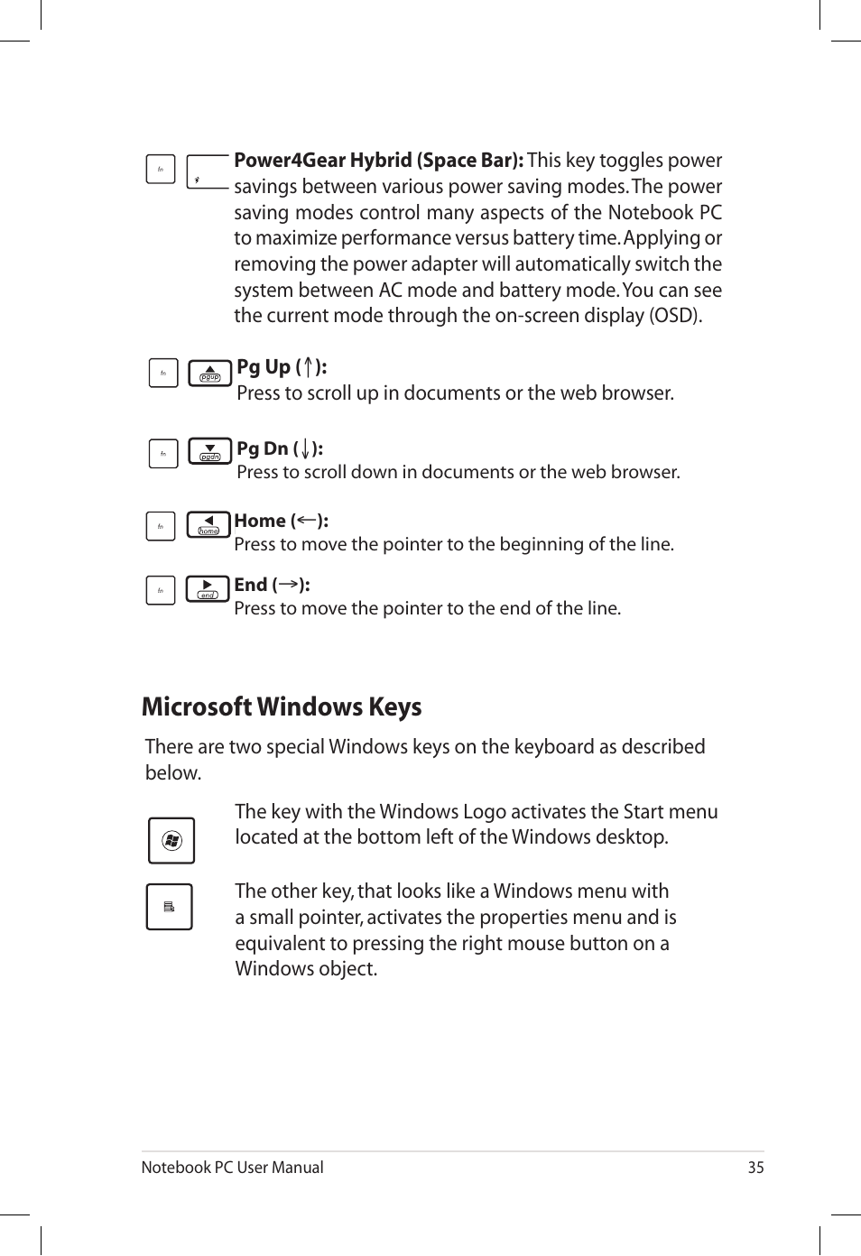 Microsoft windows keys | Asus E7165 User Manual | Page 35 / 98