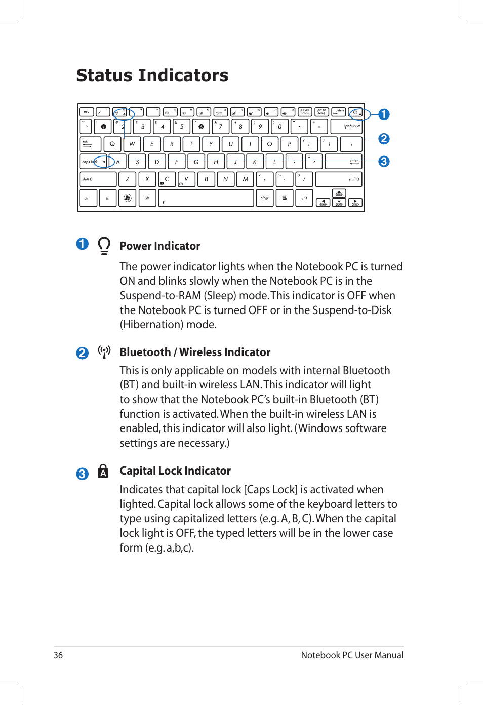 Status indicators | Asus E7165 User Manual | Page 36 / 98