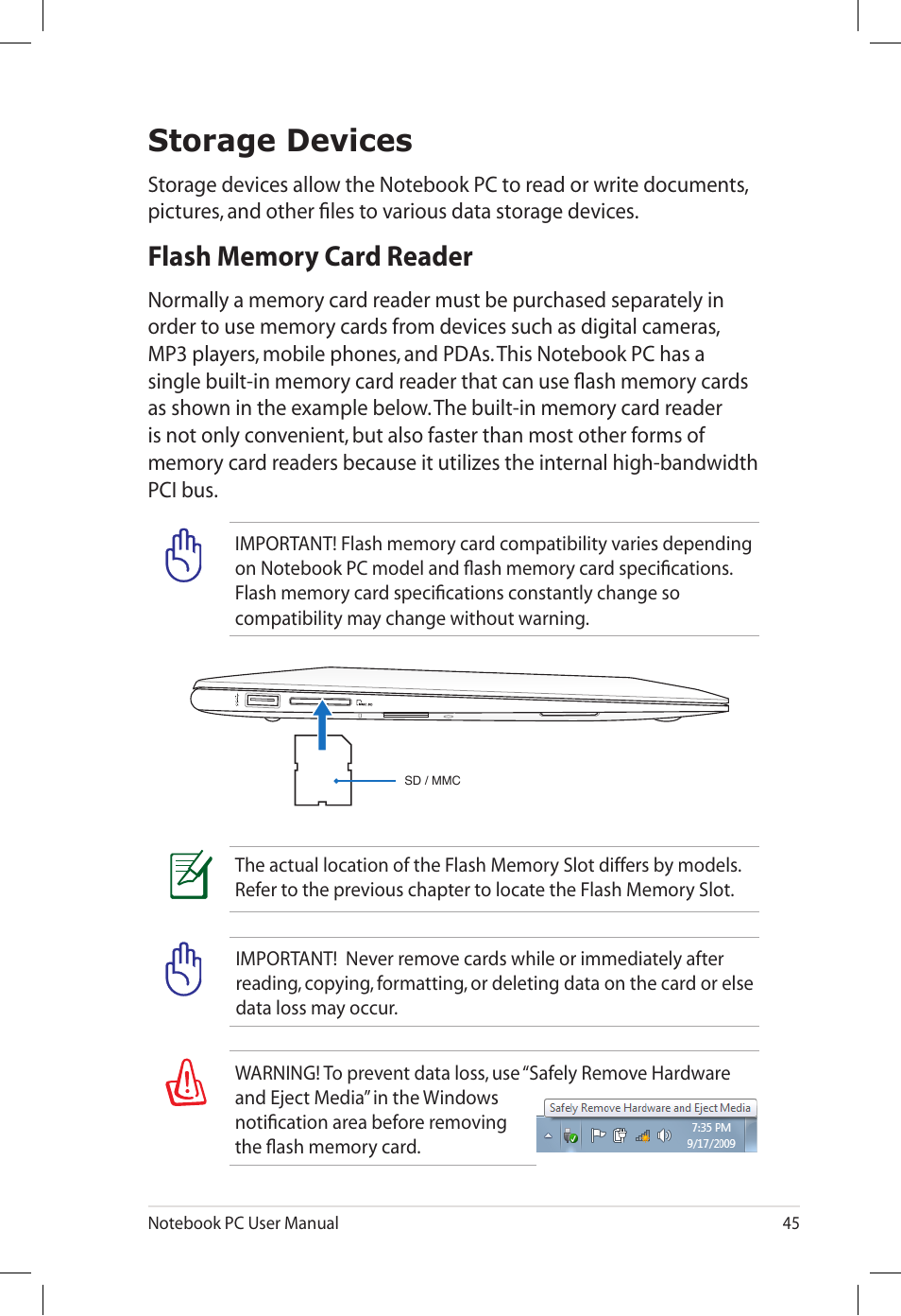 Storage devices, Flash memory card reader | Asus E7165 User Manual | Page 45 / 98