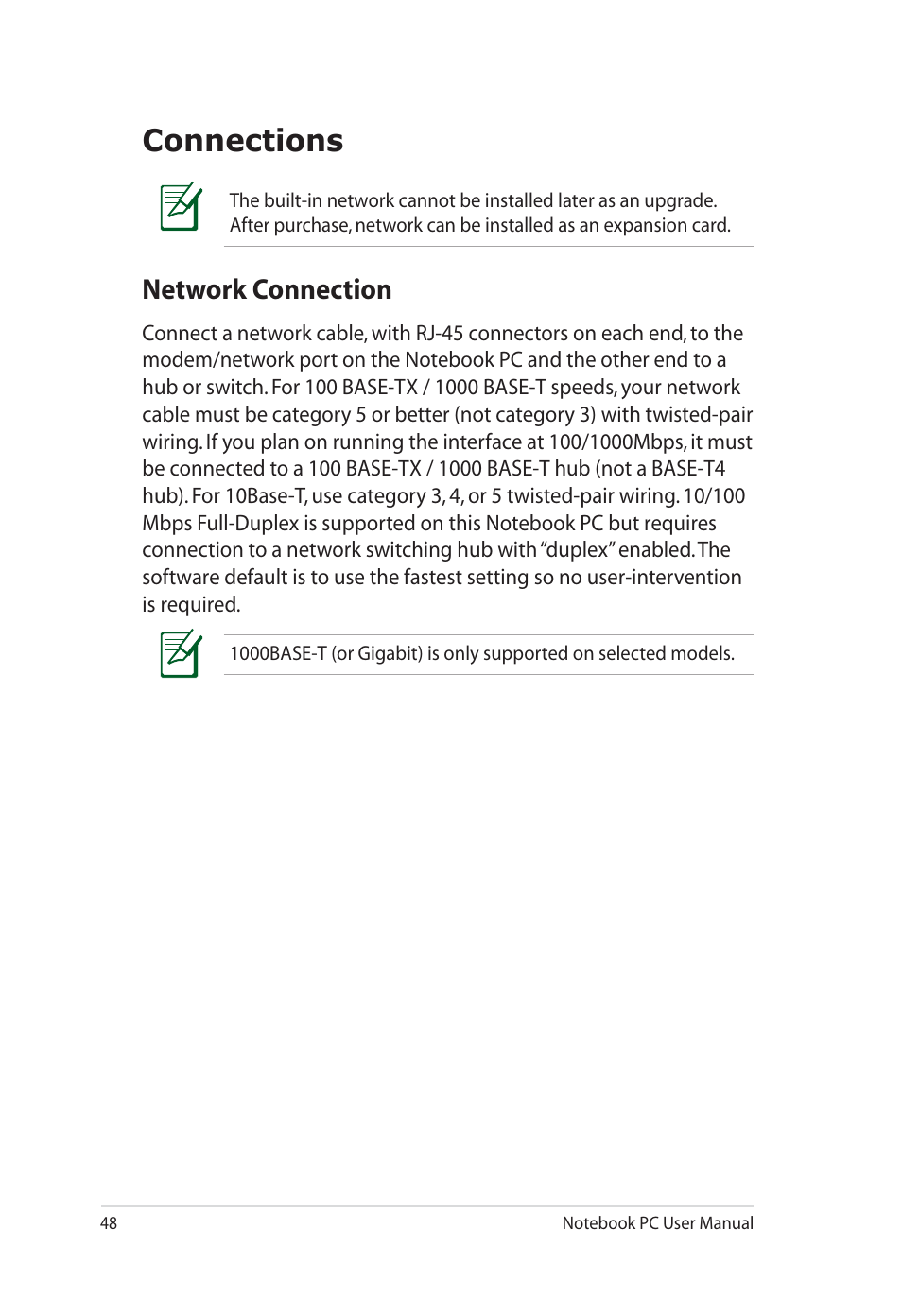 Connections, Network connection | Asus E7165 User Manual | Page 48 / 98