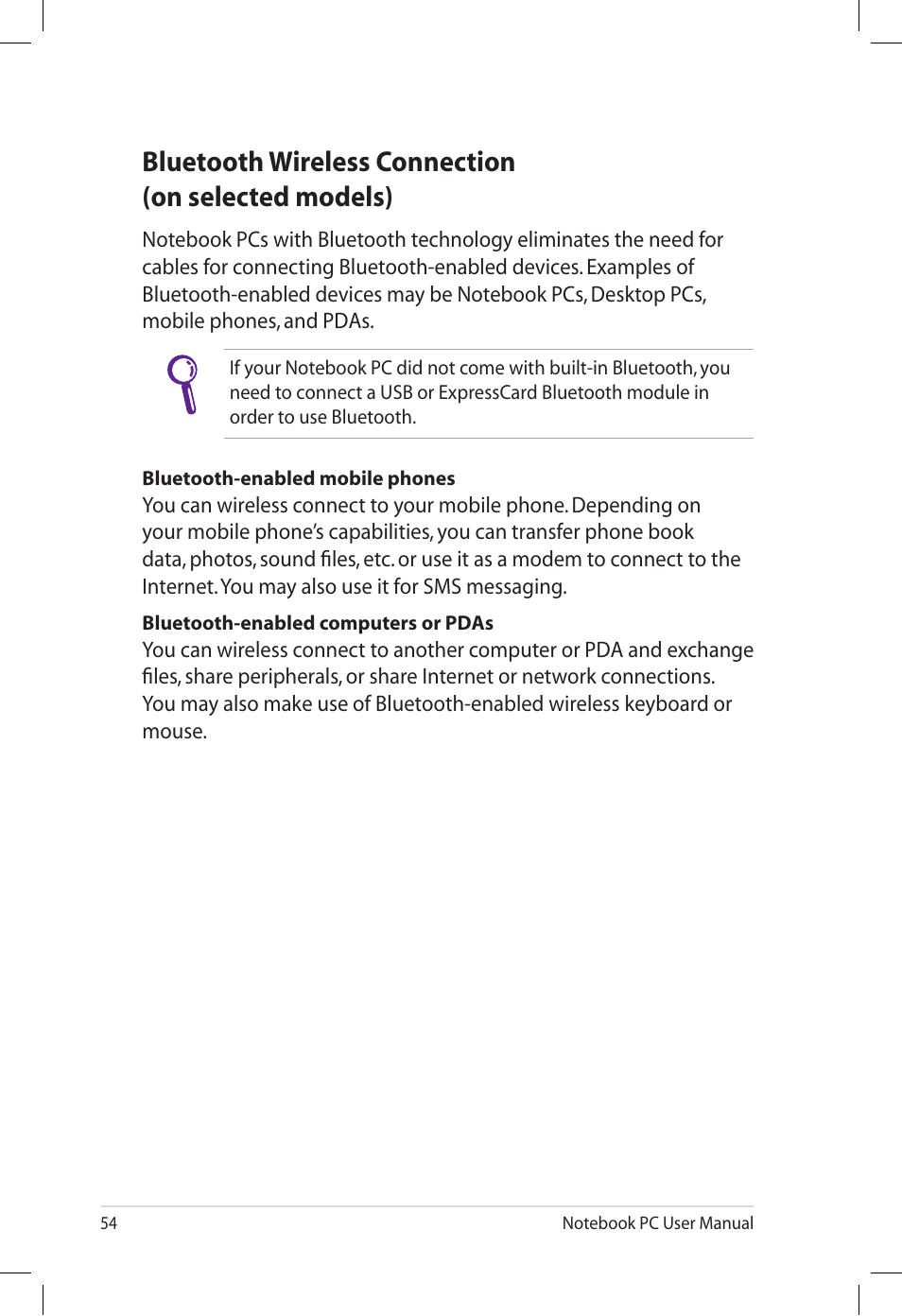 Bluetooth wireless connection(on selected models), Bluetooth wireless connection (on selected models) | Asus E7165 User Manual | Page 54 / 98