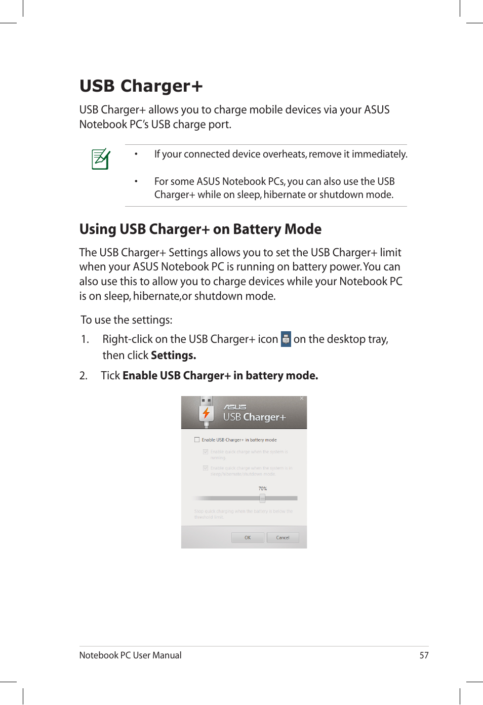 Usb charger, Using usb charger+ on battery mode | Asus E7165 User Manual | Page 57 / 98