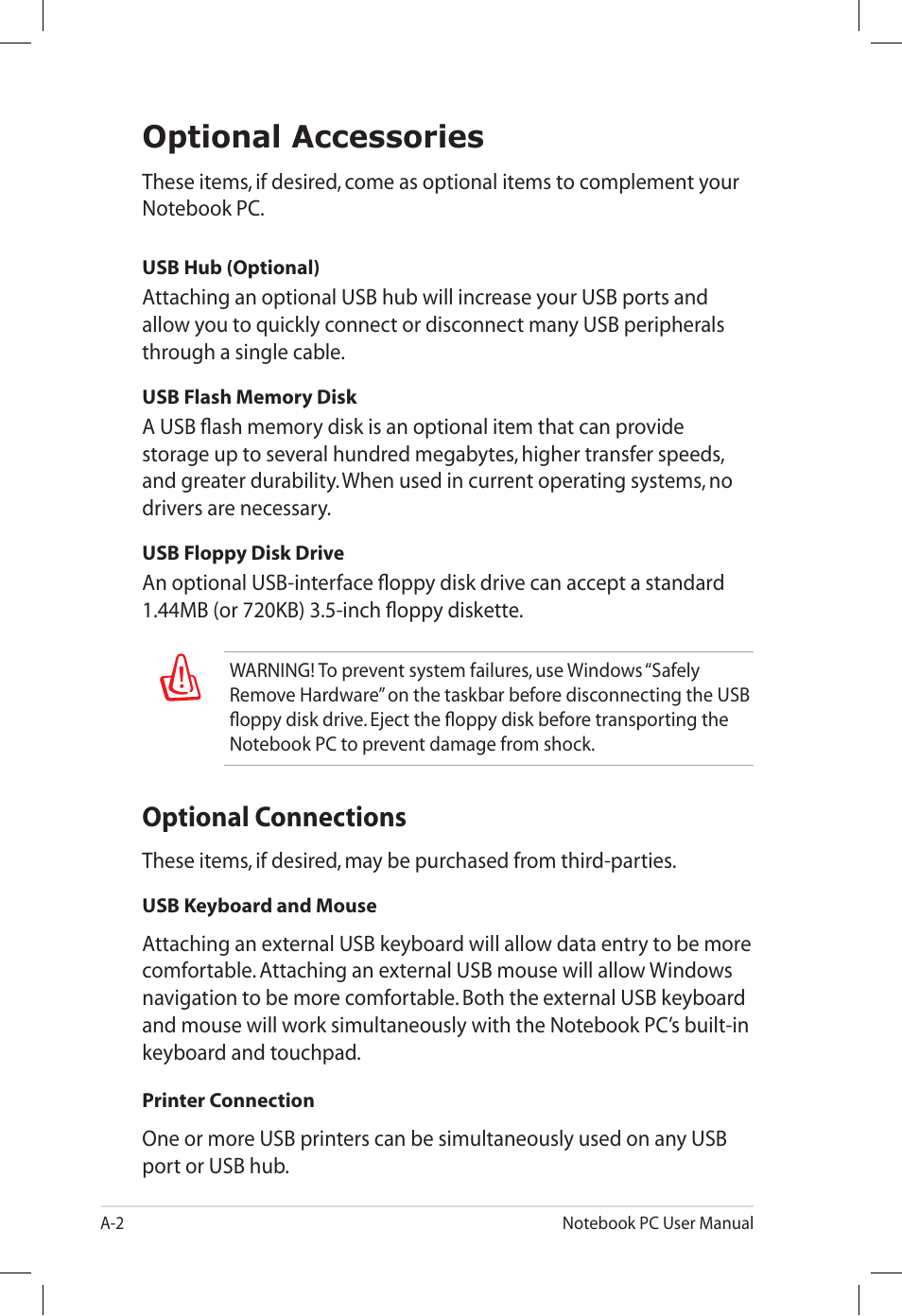 Optional accessories, Optional connections | Asus E7165 User Manual | Page 60 / 98