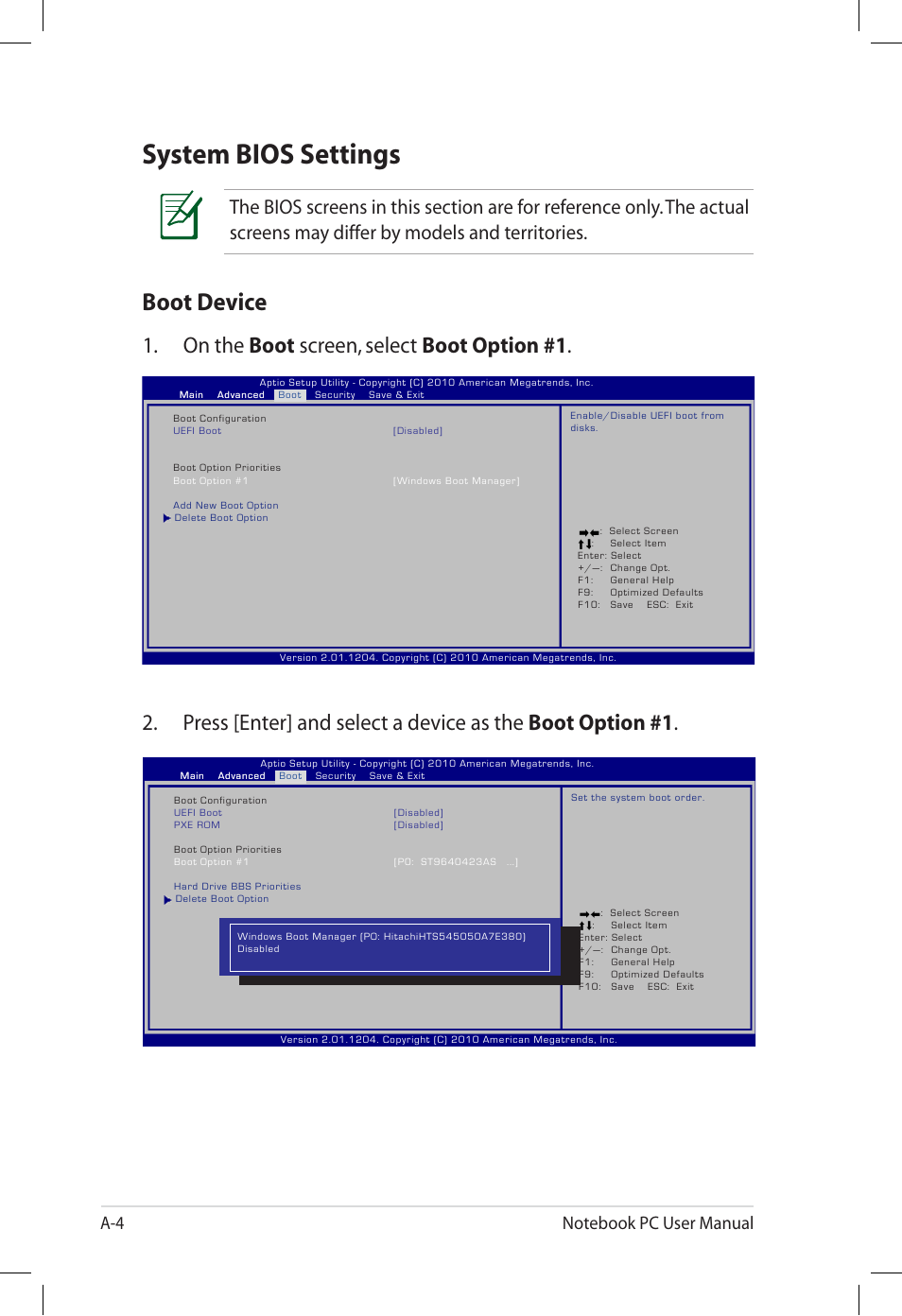 System bios settings, Boot device | Asus E7165 User Manual | Page 62 / 98