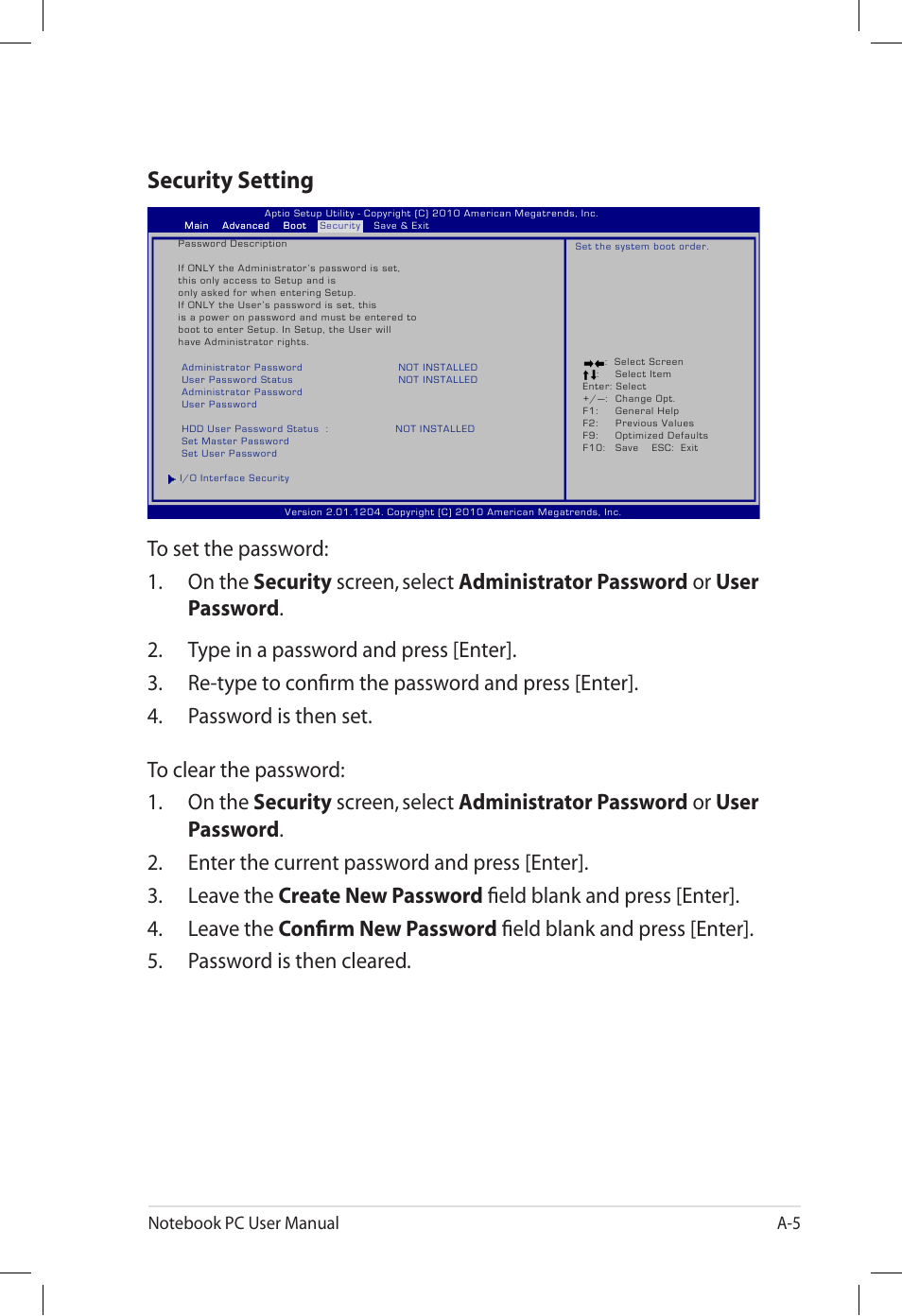 Security setting | Asus E7165 User Manual | Page 63 / 98
