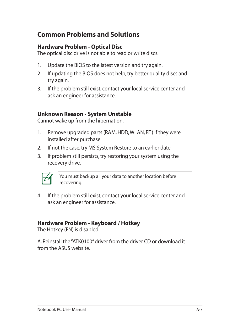 Common problems and solutions | Asus E7165 User Manual | Page 65 / 98