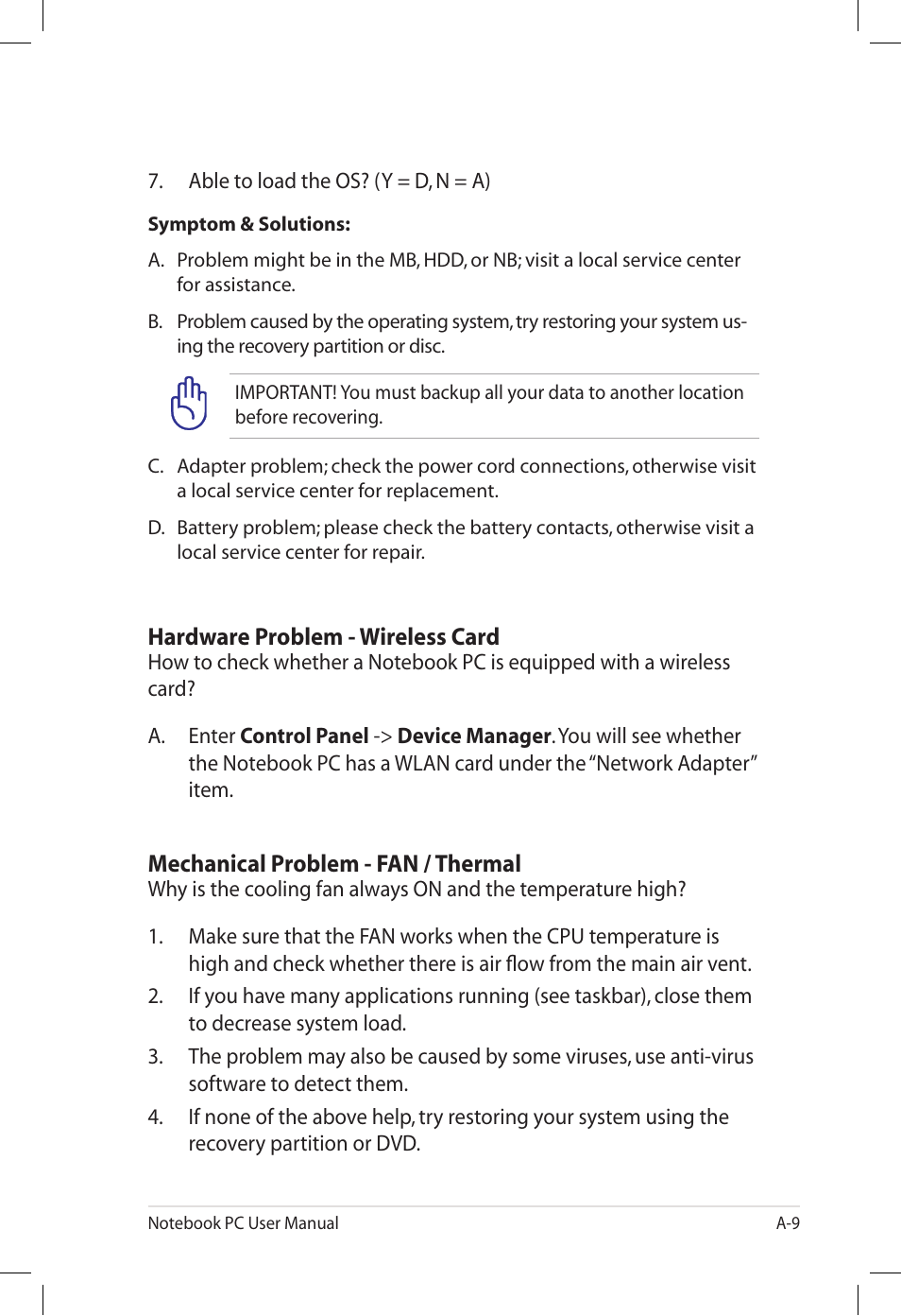 Hardware problem - wireless card, Mechanical problem - fan / thermal | Asus E7165 User Manual | Page 67 / 98