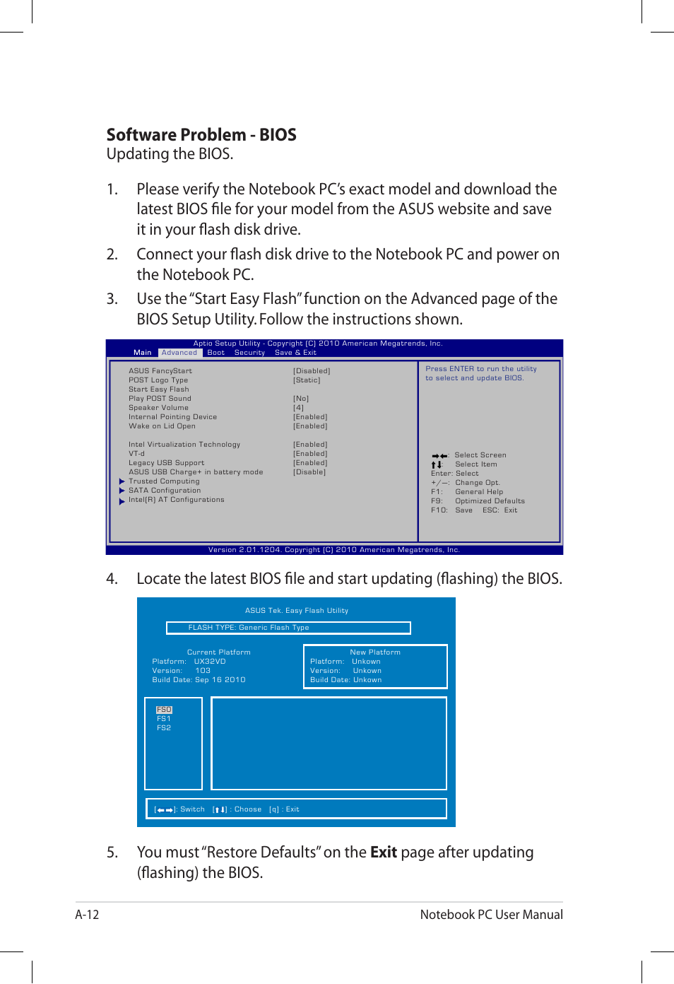 Software problem - bios | Asus E7165 User Manual | Page 70 / 98