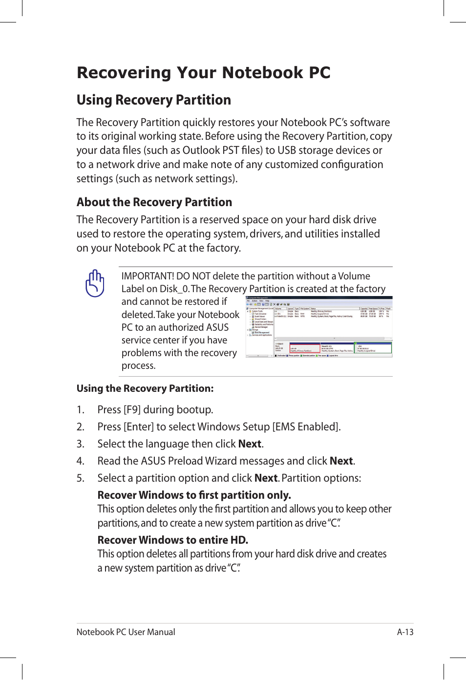 Recovering your notebook pc, Using recovery partition | Asus E7165 User Manual | Page 71 / 98