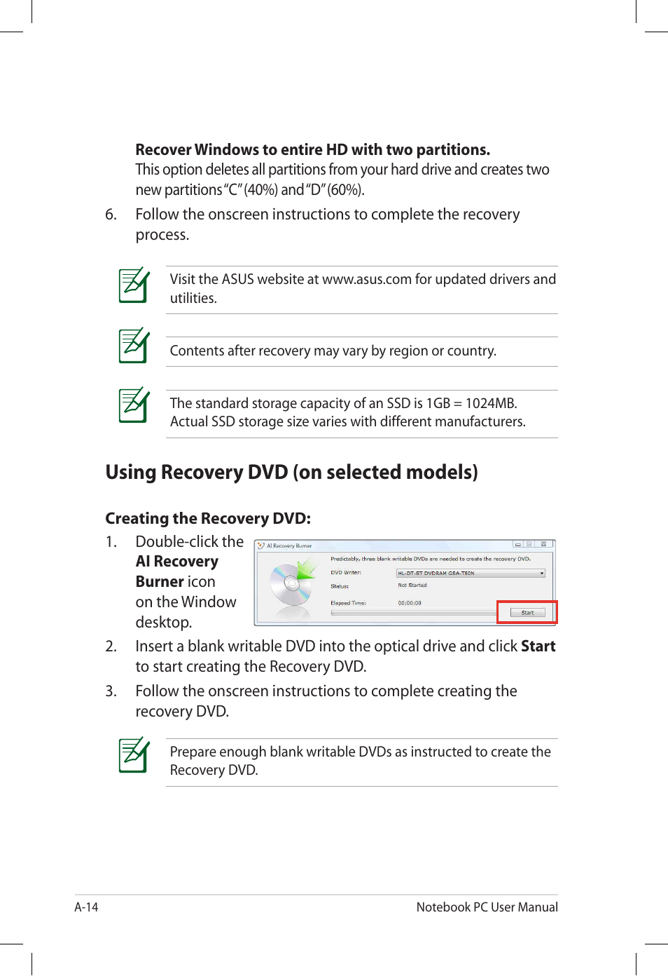 Using recovery dvd (on selected models) | Asus E7165 User Manual | Page 72 / 98