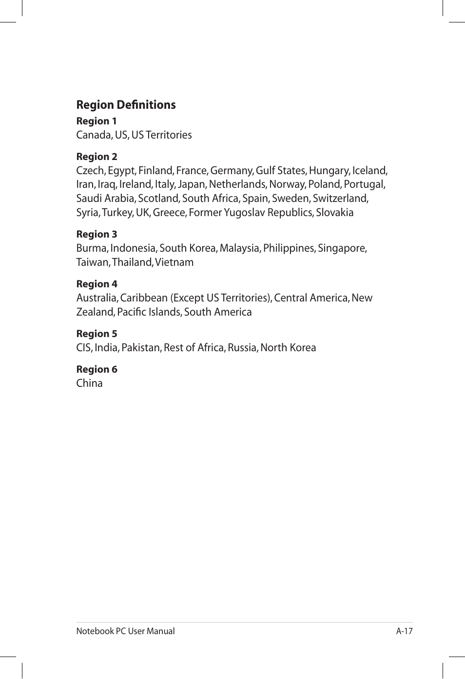 Region definitions | Asus E7165 User Manual | Page 75 / 98