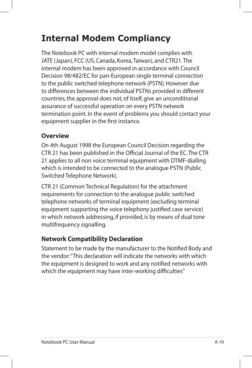 Internal modem compliancy | Asus E7165 User Manual | Page 77 / 98