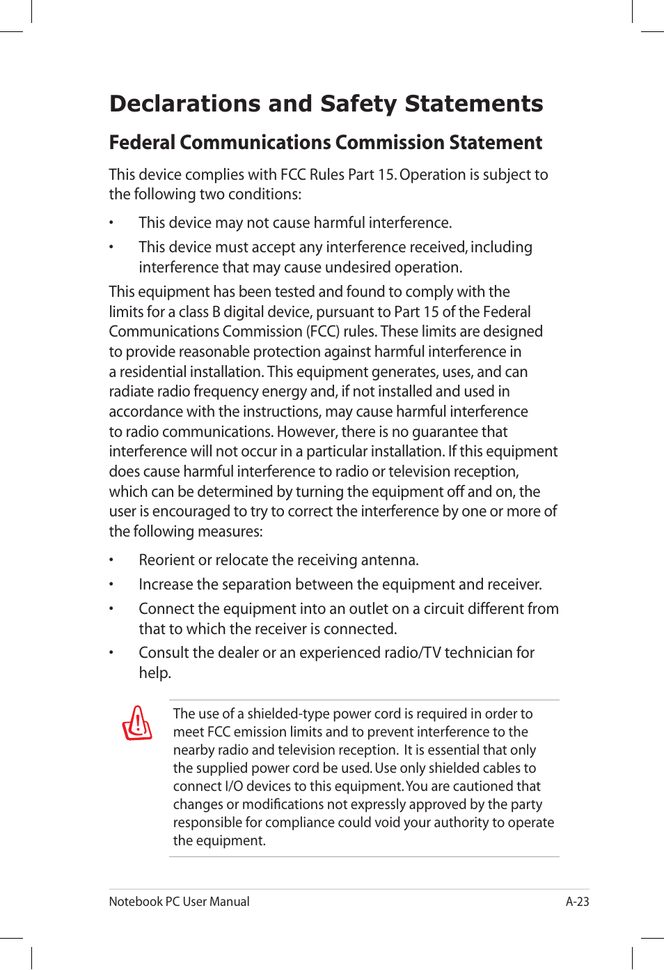 Declarations and safety statements, Federal communications commission statement | Asus E7165 User Manual | Page 81 / 98