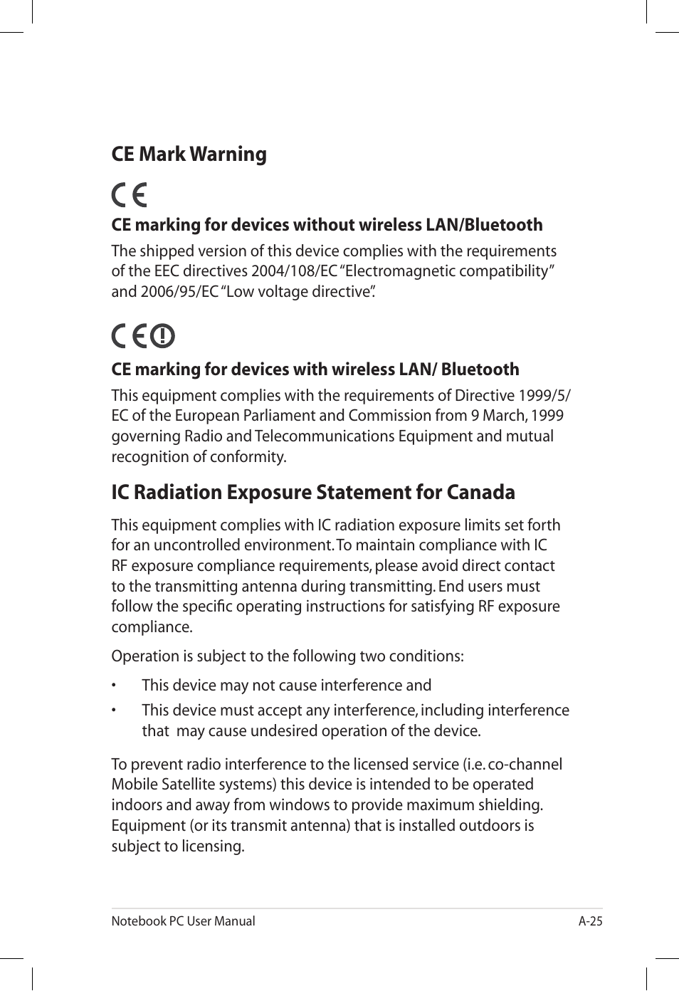 Ce mark warning, Ic radiation exposure statement for canada | Asus E7165 User Manual | Page 83 / 98
