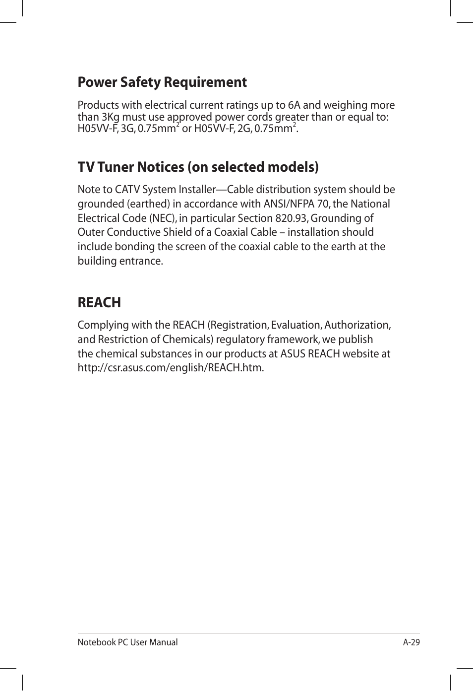 Power safety requirement, Tv tuner notices (on selected models), Reach | Asus E7165 User Manual | Page 87 / 98