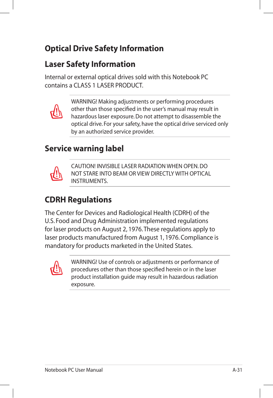 Optical drive safety information, Laser safety information, Service warning label | Cdrh regulations | Asus E7165 User Manual | Page 89 / 98