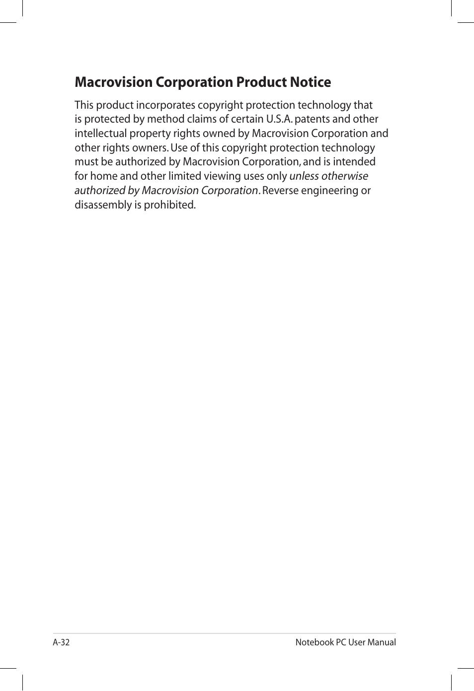 Macrovision corporation product notice | Asus E7165 User Manual | Page 90 / 98
