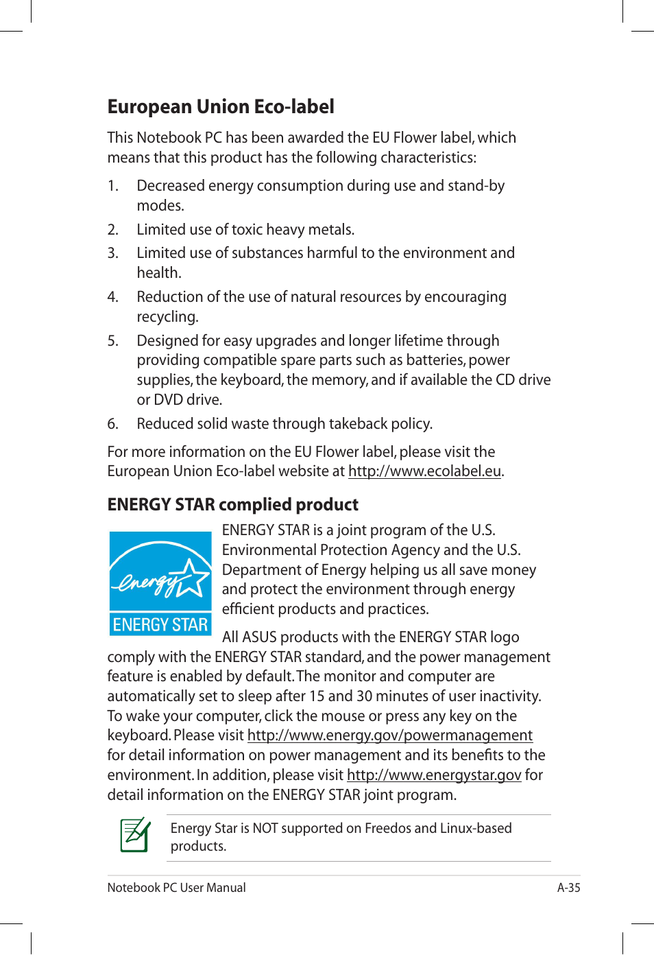 European union eco-label, Energy star complied product | Asus E7165 User Manual | Page 93 / 98