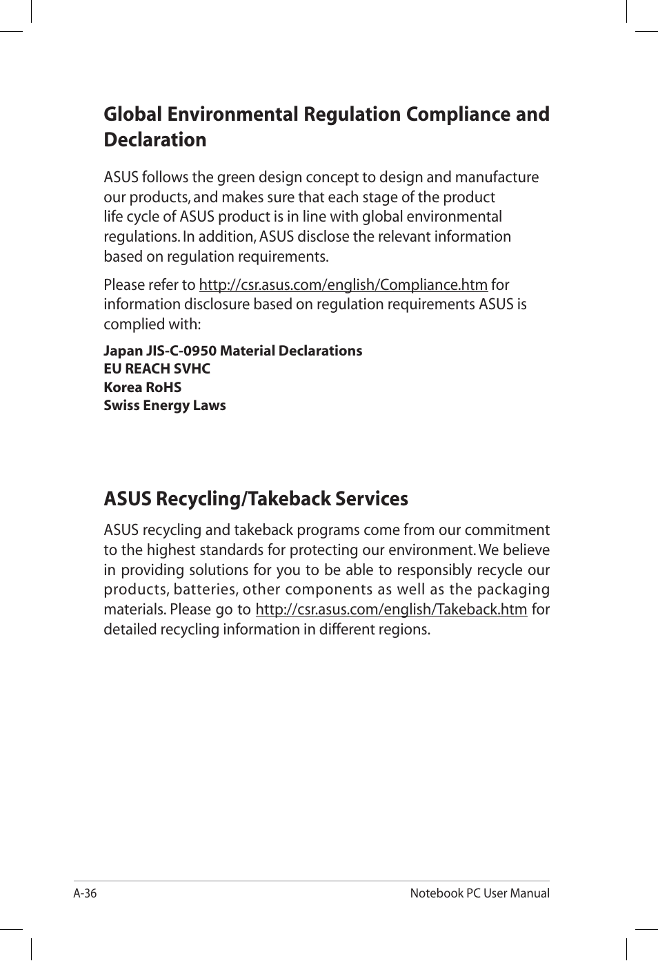 Asus recycling/takeback services | Asus E7165 User Manual | Page 94 / 98