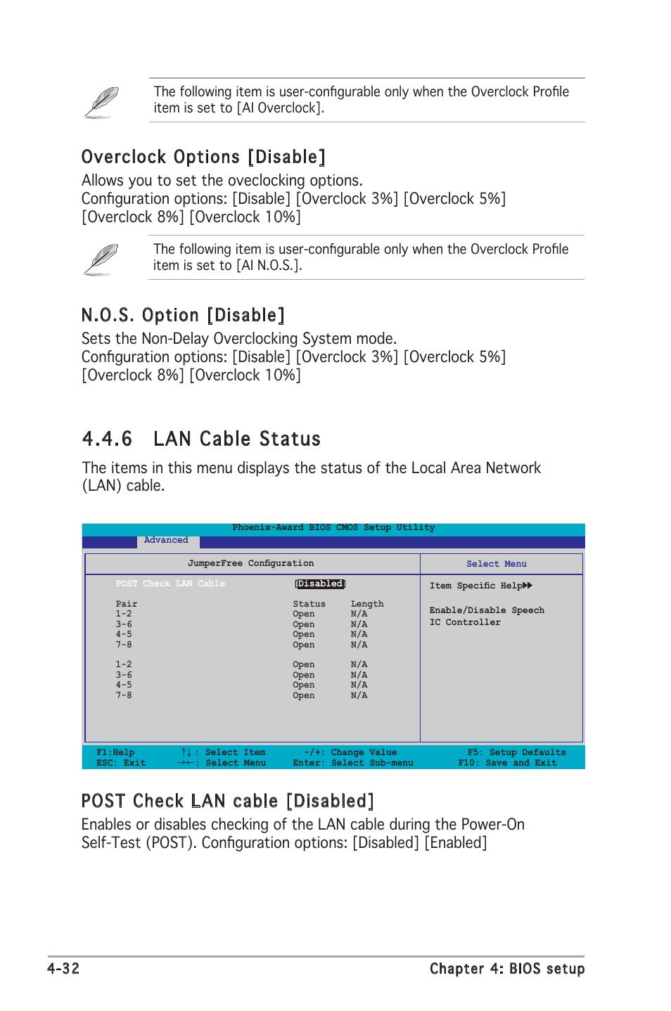 6 lan cable status, N.o.s. option [disable, Overclock options [disable | Post check lan cable [disabled | Asus Motherboard A8N-SLI Premium User Manual | Page 100 / 182