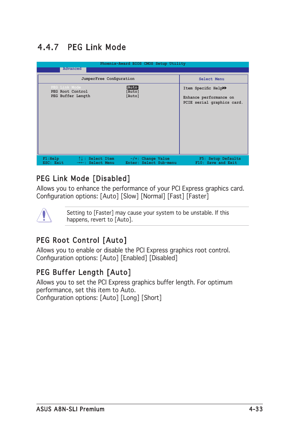 7 peg link mode, Peg link mode [disabled, Peg root control [auto | Peg buffer length [auto | Asus Motherboard A8N-SLI Premium User Manual | Page 101 / 182