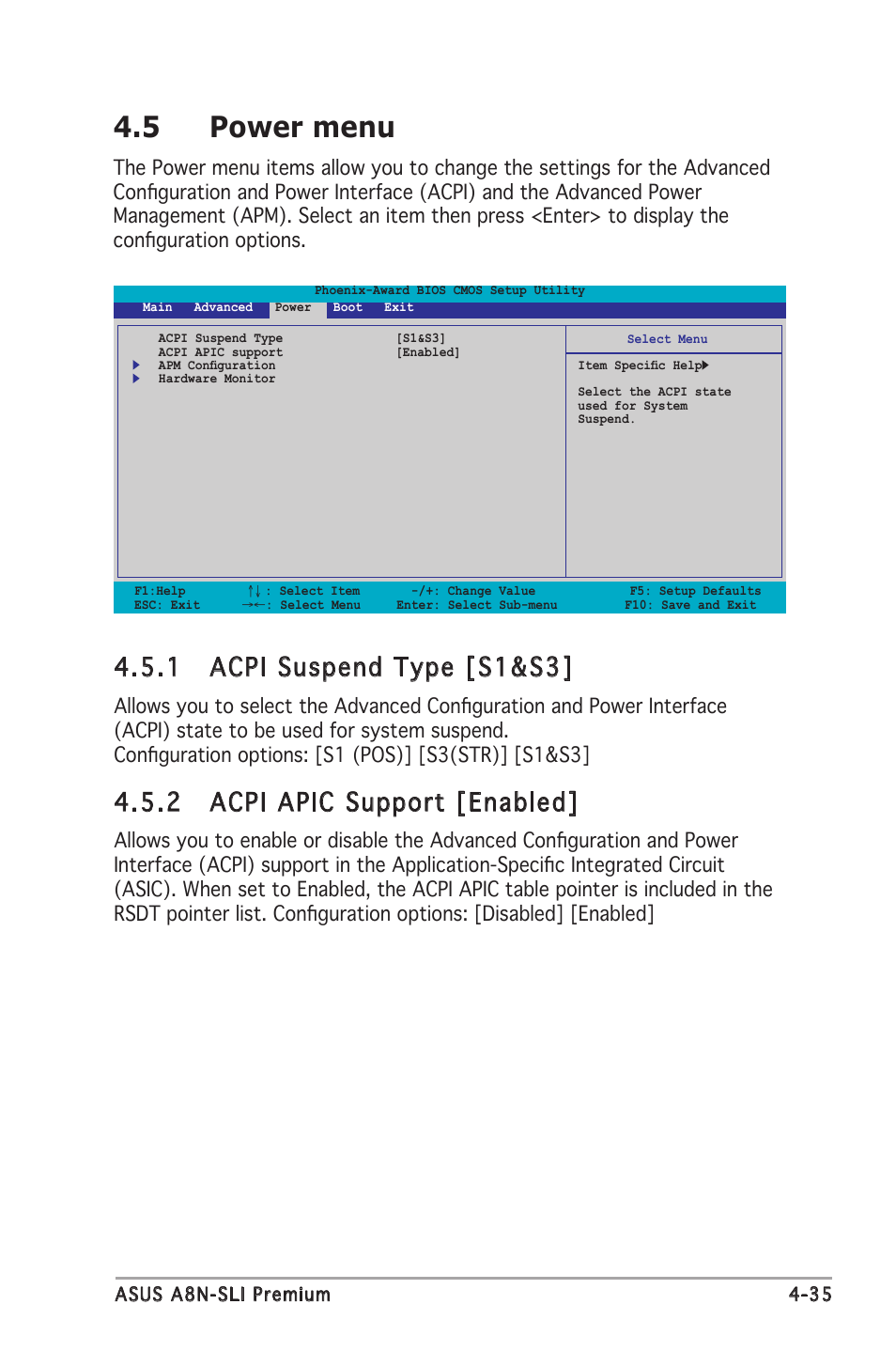 5 power menu, 1 acpi suspend type [s1&s3, 2 acpi apic support [enabled | Asus Motherboard A8N-SLI Premium User Manual | Page 103 / 182