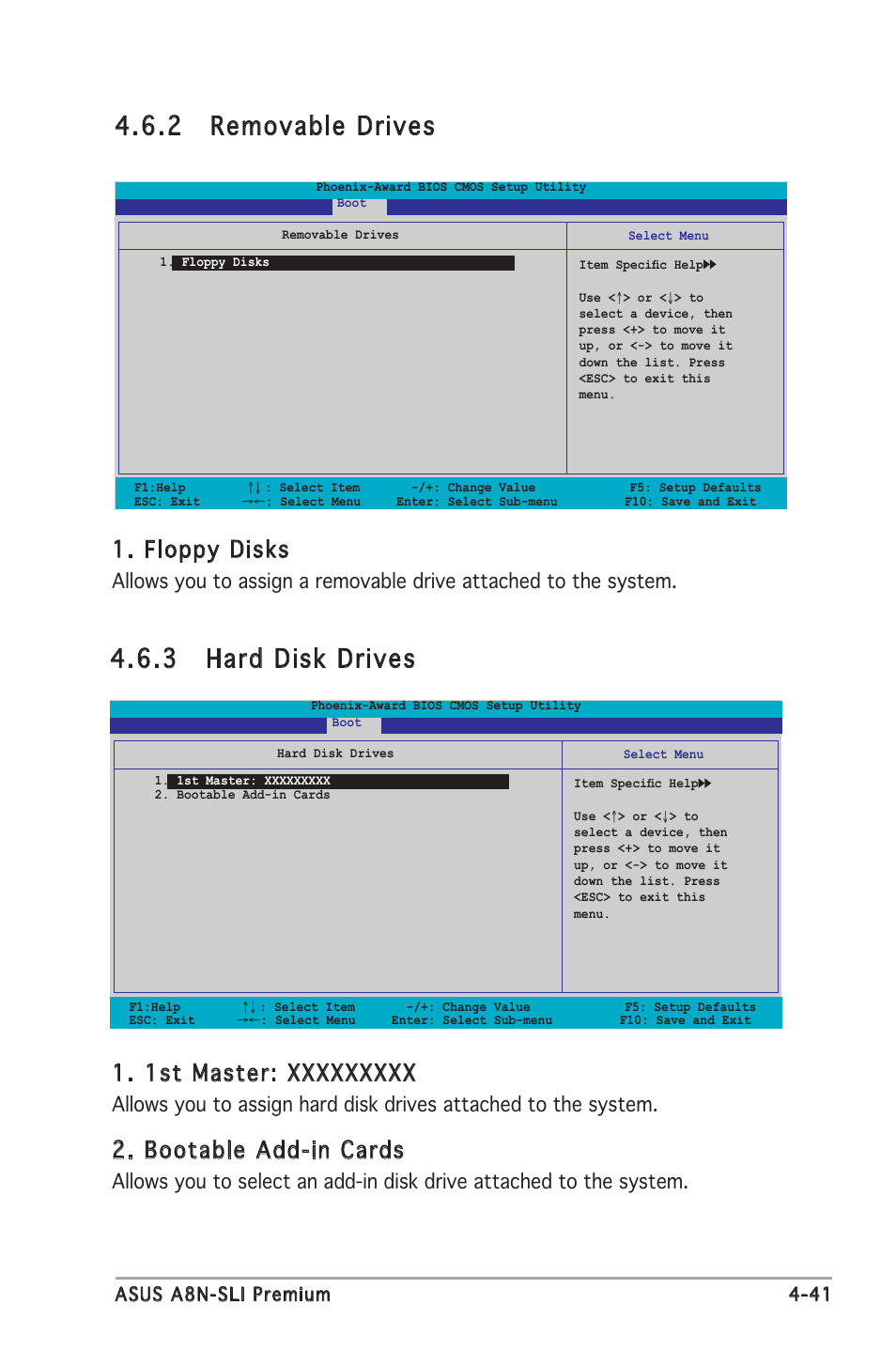 2 removable drives, 3 hard disk drives, Floppy disks | Bootable add-in cards, Asus a8n-sli premium 4-41 | Asus Motherboard A8N-SLI Premium User Manual | Page 109 / 182