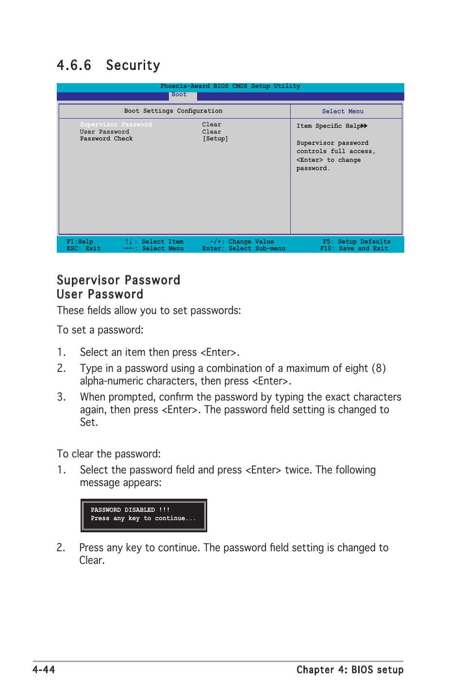 6 security, Supervisor password user password | Asus Motherboard A8N-SLI Premium User Manual | Page 112 / 182