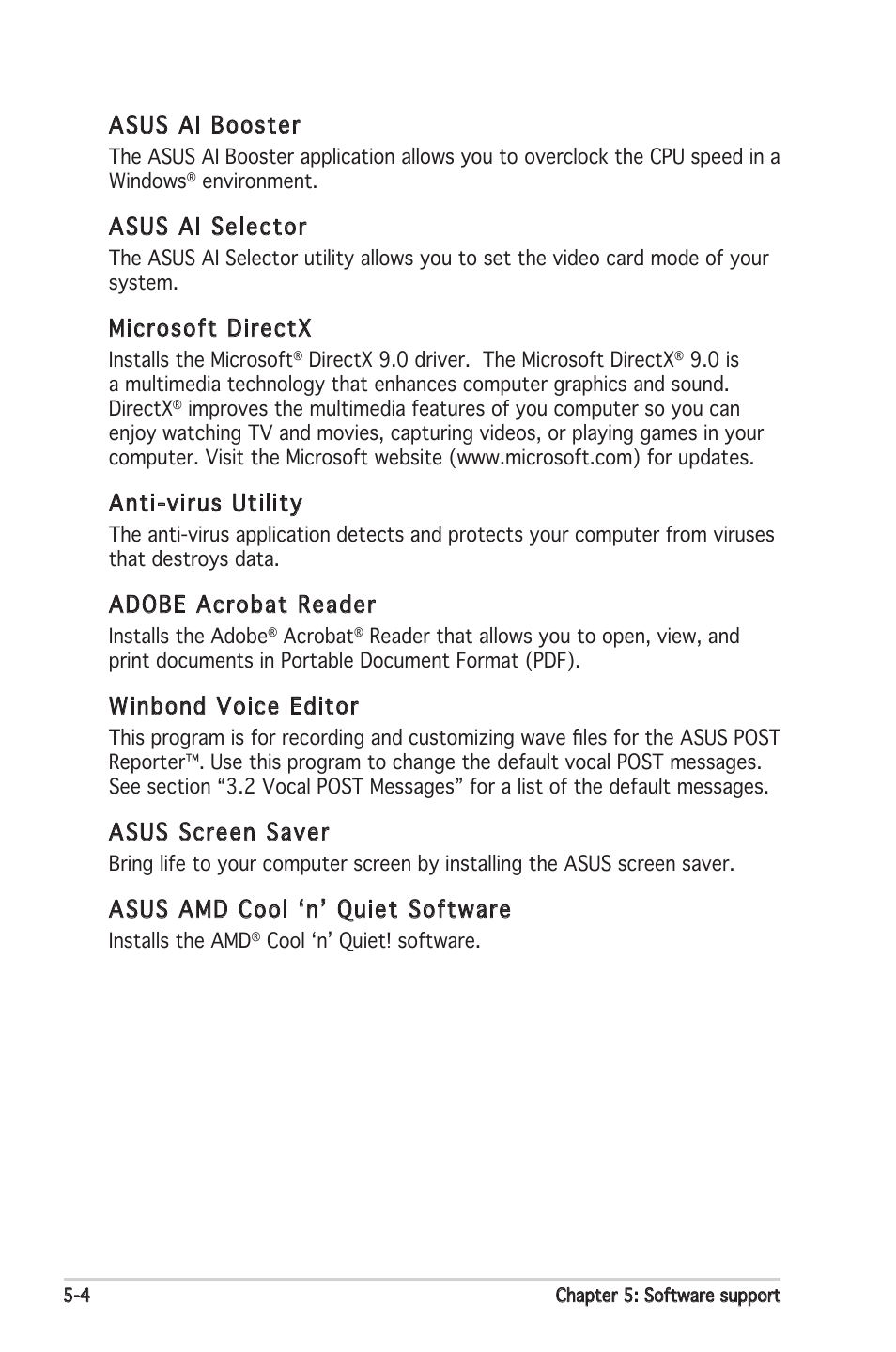 Asus ai booster, Asus ai selector, Microsoft directx | Anti-virus utility, Adobe acrobat reader, Winbond voice editor, Asus screen saver, Asus amd cool ʻnʼ quiet software | Asus Motherboard A8N-SLI Premium User Manual | Page 122 / 182