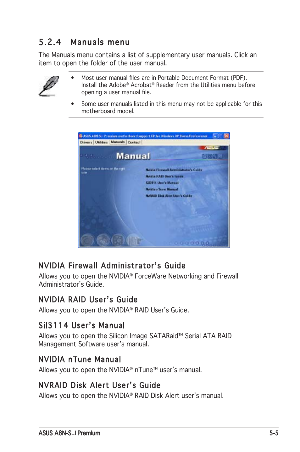 4 manuals menu, Nvidia firewall administratorʼs guide, Nvidia raid userʼs guide | Sil3114 userʼs manual, Nvidia ntune manual, Nvraid disk alert userʼs guide | Asus Motherboard A8N-SLI Premium User Manual | Page 123 / 182