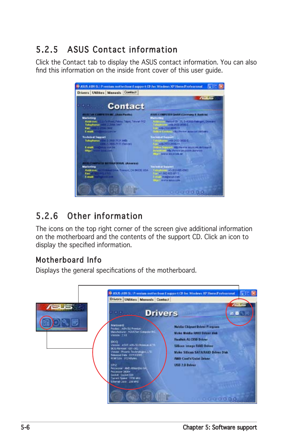 5 asus contact information, 6 other information | Asus Motherboard A8N-SLI Premium User Manual | Page 124 / 182