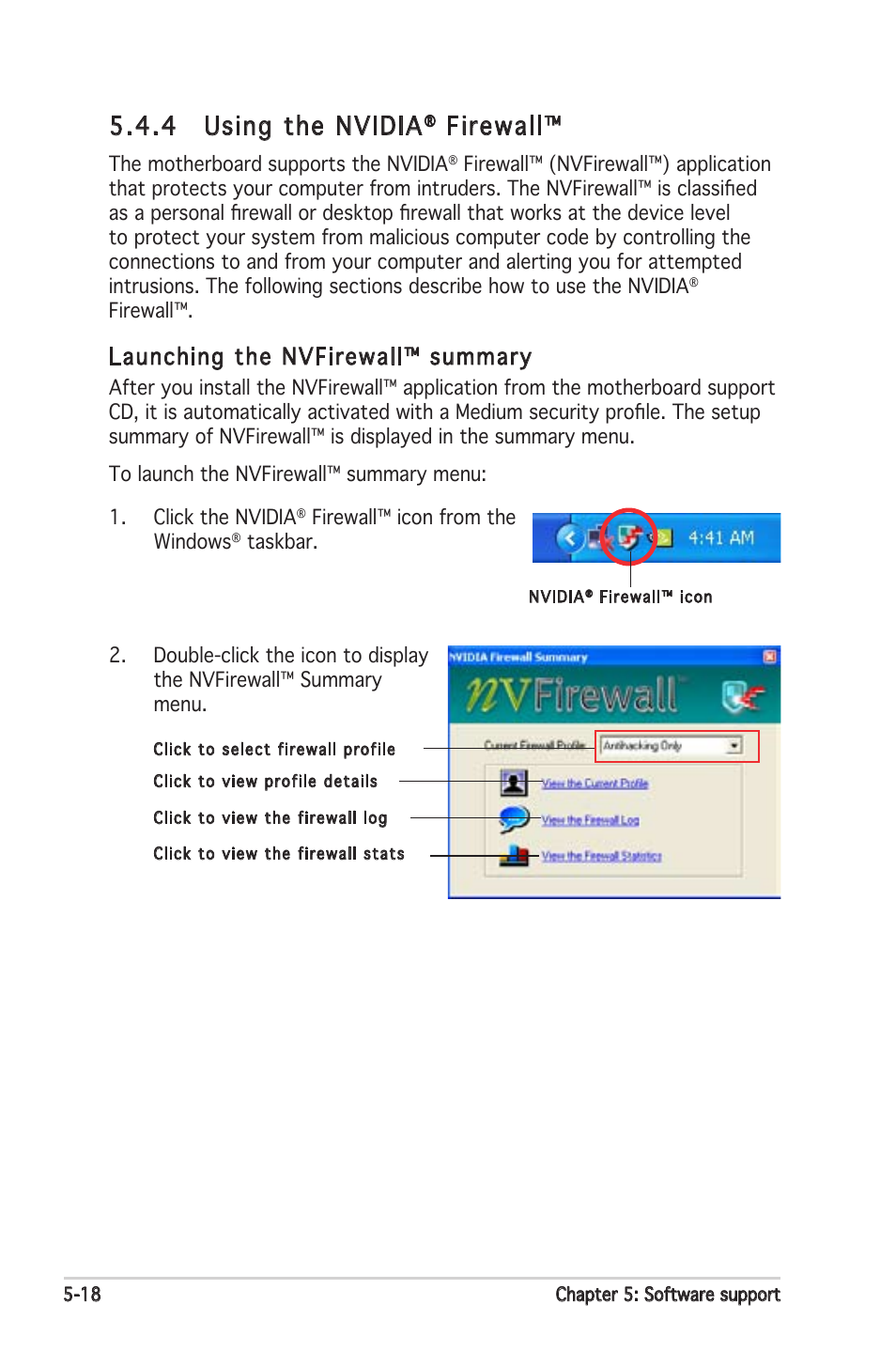 4 using the nvidia, Firewall, Launching the nvfirewall™ summary | Asus Motherboard A8N-SLI Premium User Manual | Page 136 / 182