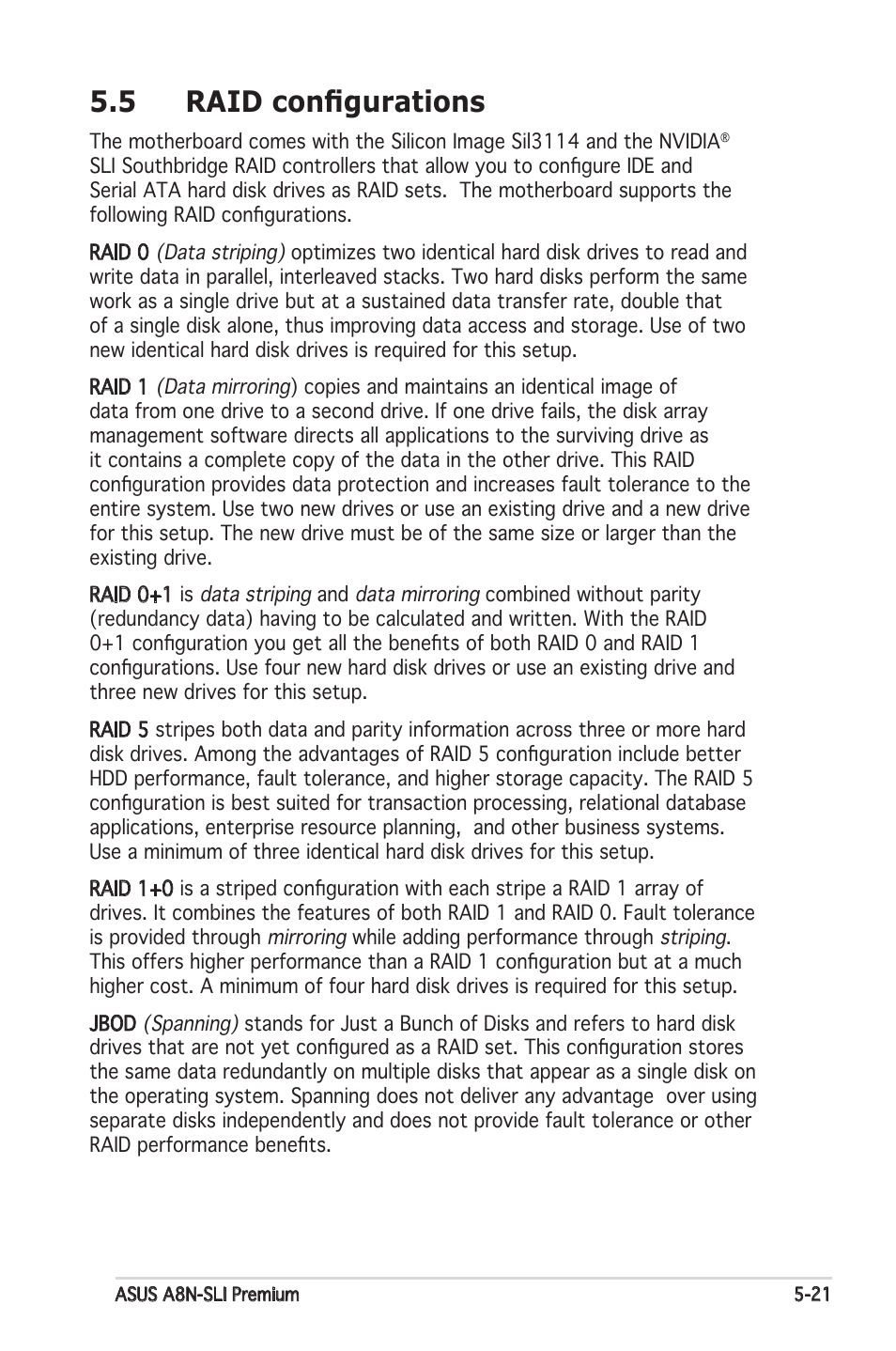 5 raid conﬁgurations | Asus Motherboard A8N-SLI Premium User Manual | Page 139 / 182