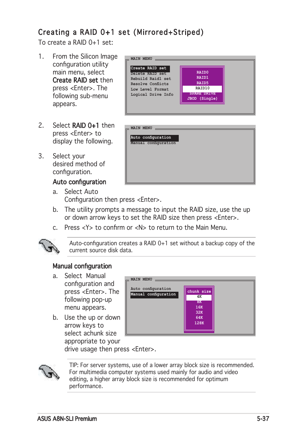 Creating a raid 0+1 set (mirrored+striped) | Asus Motherboard A8N-SLI Premium User Manual | Page 155 / 182