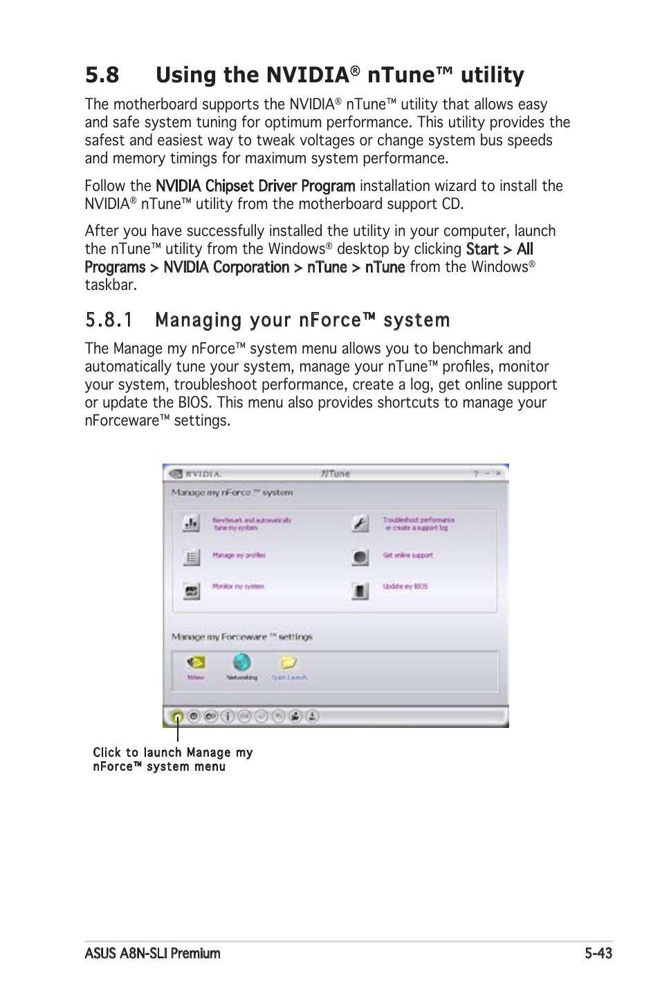 8 using the nvidia, Ntune™ utility, 1 managing your nforce™ system | Asus Motherboard A8N-SLI Premium User Manual | Page 161 / 182