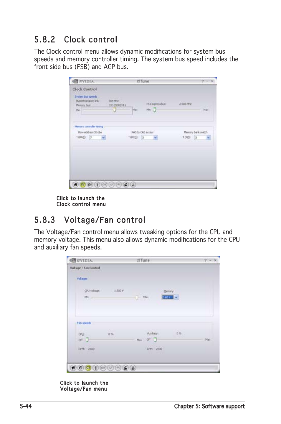 2 clock control, 3 voltage/fan control | Asus Motherboard A8N-SLI Premium User Manual | Page 162 / 182