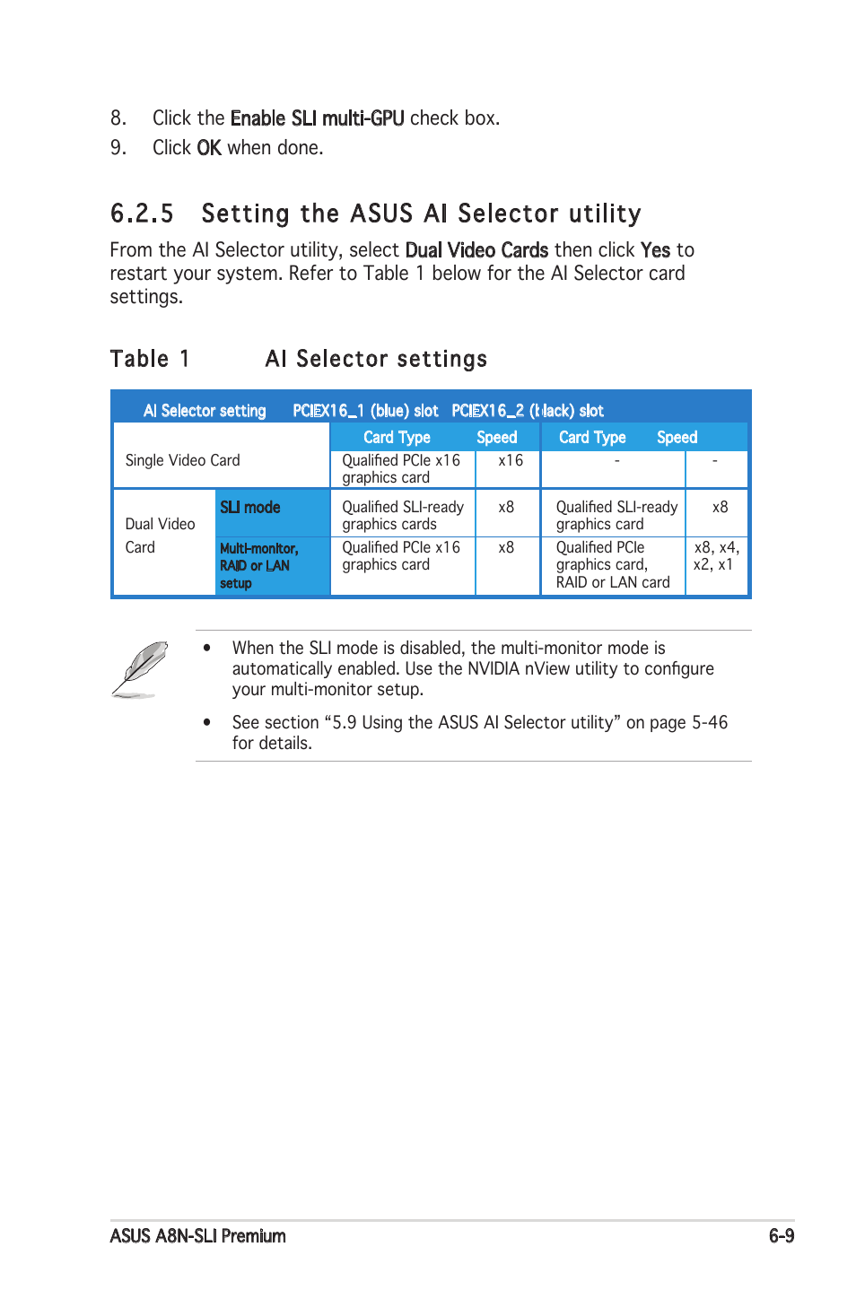 5 setting the asus ai selector utility, Table 1 ai selector settings | Asus Motherboard A8N-SLI Premium User Manual | Page 177 / 182