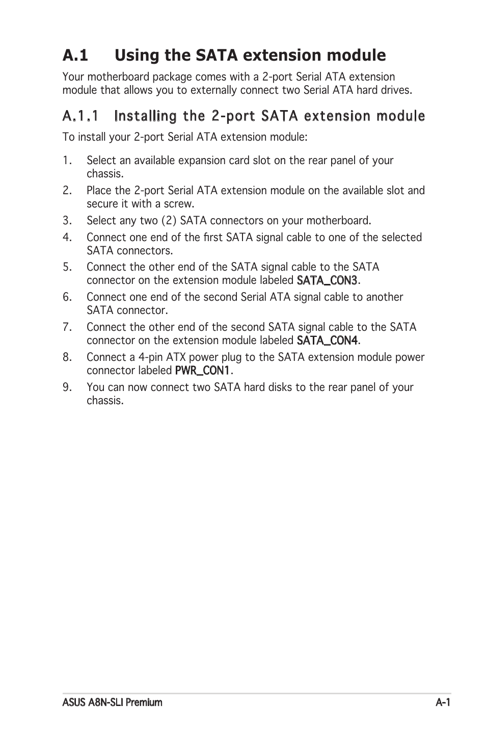 A.1 using the sata extension module, A.1.1 installing the 2-port sata extension module | Asus Motherboard A8N-SLI Premium User Manual | Page 181 / 182