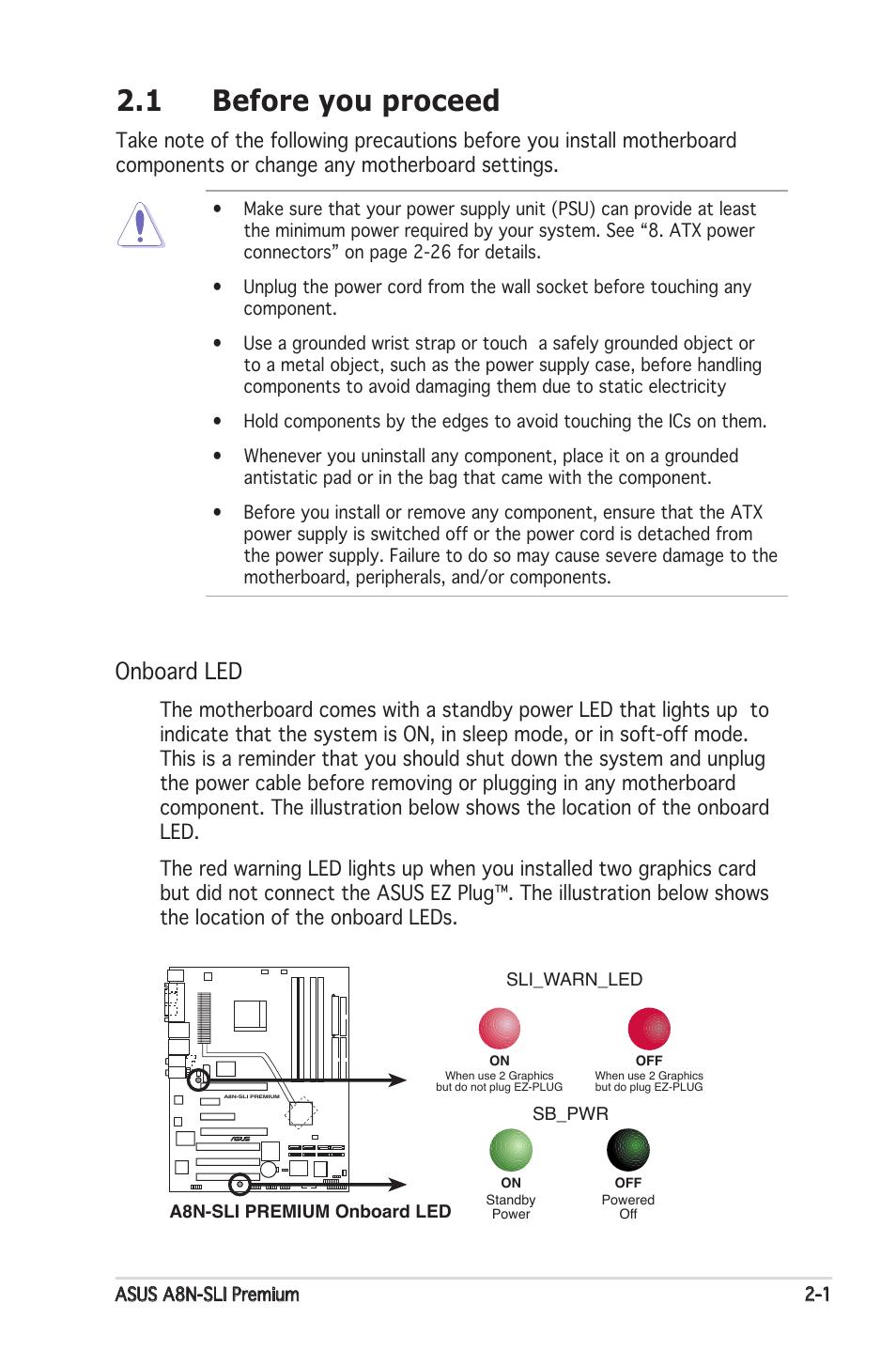 1 before you proceed, Onboard led | Asus Motherboard A8N-SLI Premium User Manual | Page 27 / 182