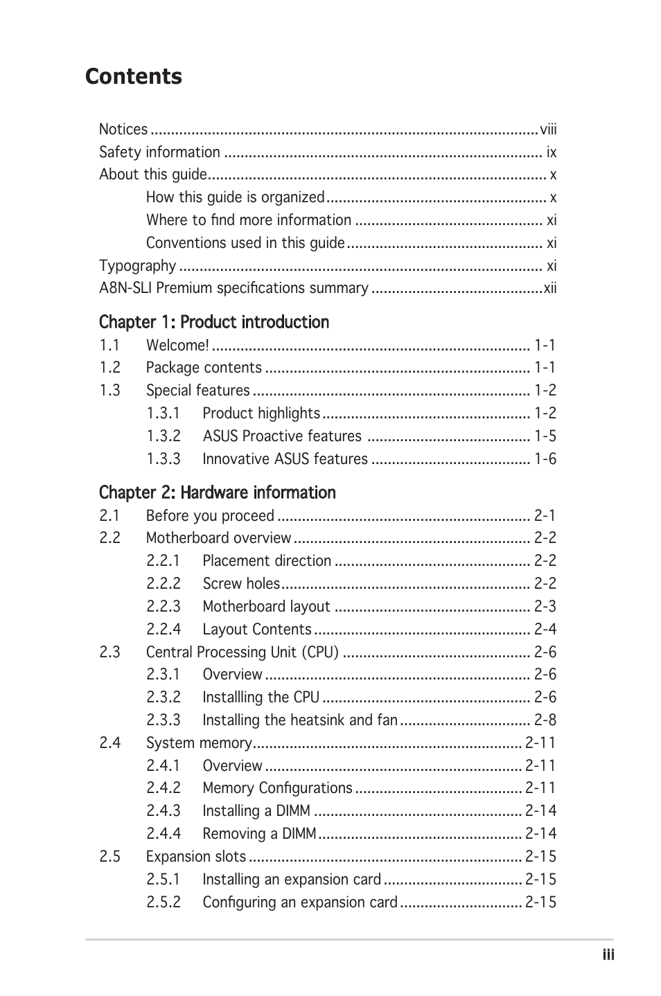 Asus Motherboard A8N-SLI Premium User Manual | Page 3 / 182