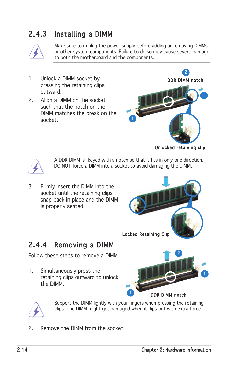 4 removing a dimm, 3 installing a dimm | Asus Motherboard A8N-SLI Premium User Manual | Page 40 / 182