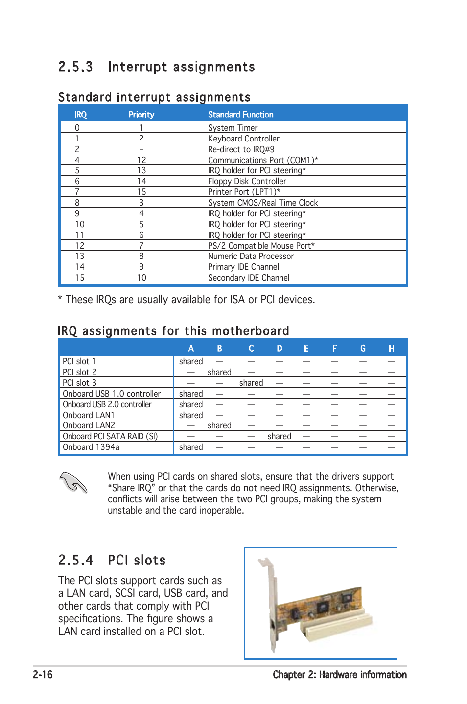 4 pci slots, 3 interrupt assignments, Standard interrupt assignments | Irq assignments for this motherboard | Asus Motherboard A8N-SLI Premium User Manual | Page 42 / 182